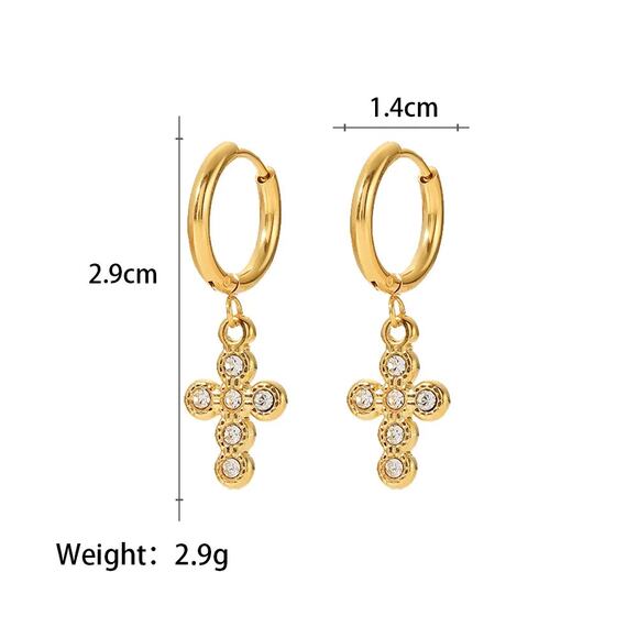 Zircon Cross Dangle Hoop Earrings 18K Gold Plated Stainless‎ Steel - Picture 8 of 8